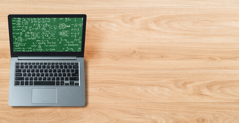 Mathematic equations and modish formula on computer screen showing concept of science and education