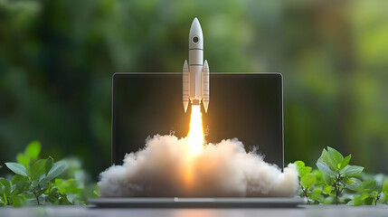 Rocket Launching From Laptop On Desk With Green Background
