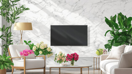Modern living room interior sofa and armchair ,TV on cabinet in modern living room with lamp,table,flower and plant on marble wall background,3d rendering