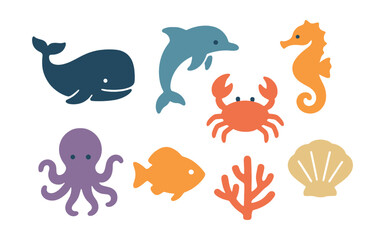 Fototapeta premium Ocean life. icons of marine animals: whale, dolphin, seahorse, crab, octopus, fish, coral, shell. Vector icons