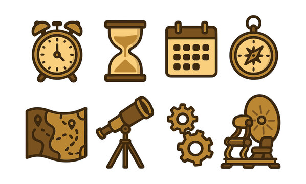Time and navigation icons: style collection featuring clocks, maps, and tools. Vector icons
