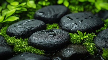 Zen stones moss water droplets spa relaxation nature