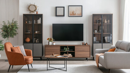 Fototapeta premium Cabinet TV in modern living room,Interior of a bright living room with armchair on empty white wall background.3D rendering