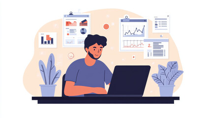 Setting and achieving performance goals. Performance graphs and targets. Businessman using laptop computer to track performance.