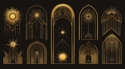 Art deco arch frames with vector borders of gold line geometric pattern. Luxury golden arches with elegant ornaments of geometric shapes, stars, eye and sun. Vintage art deco frame borders set