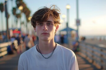 Fototapeta premium Portrait of a young Caucasian man on the boardwalk in Los Angeles