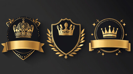 Golden luxury labels and banners, gold premium quality certificate ribbons, vector badges. Luxury VIP and premium quality sticker tags and banners for best product seals and banners with golden crown