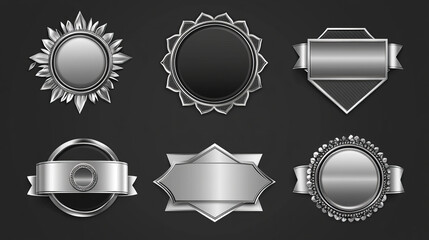 Silver luxury labels and banners. Vector set of seals, medals, award badges, best quality guarantee certificates, emblems and ribbons for product promotion. Isolated VIP quality guaranteed stamps