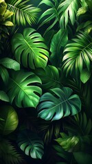 Dense Arrangement of Lush Green Tropical Leaves Against Dark Background

