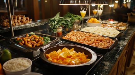 Brazilian black bean stew feijoada and sausages served with rice and oranges, shrimp stew vatapa and fried pork skin torresmo, cocktail caipirinha and yerba mate with sweet dumpling desserts