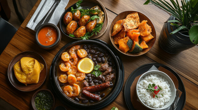 Brazilian black bean stew feijoada and sausages served with rice and oranges, shrimp stew vatapa and fried pork skin torresmo, cocktail caipirinha and yerba mate with sweet dumpling desserts