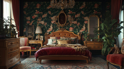 Eclectic Maximalist Bedroom with Vintage Furniture and Floral Wallpaper
