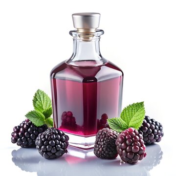 a luxurious blackberry elixir in a clear glass bottle, deep rich purple color, glossy blackberry fruits beside the bottle, glowing highlights, smooth and elegant liquid texture