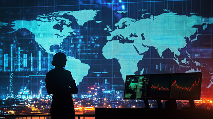 Global economy and trade analysis. Statistical and indicator graphs. Analyst using laptop computer to analyze data.