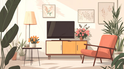 Fototapeta premium TV on cabinet in modern living room with armchair,lamp,table,flower and plant on white wall background,3d rendering