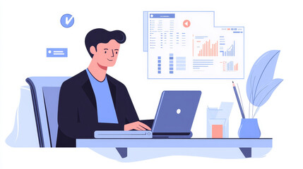 Business management analysis using spreadsheet software. Financial graphs and table calculations. Businessman using laptop computer to analyze business conditions.