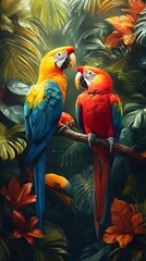 Vibrant Macaws Perched on Branch in Tropical Setting

