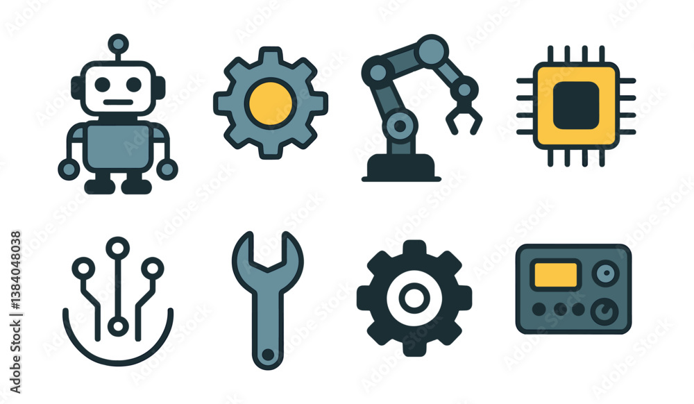Poster robotics and technology icons in : robots, gears, chips, circuits. vector icons