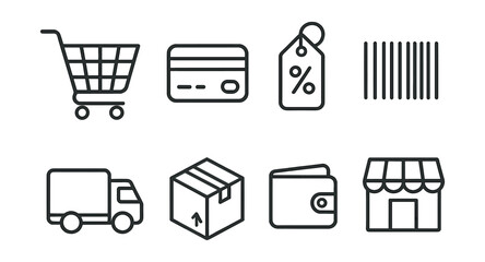 Essential e-commerce icons: shopping, payment, shipping, and more in modern style. Vector icons
