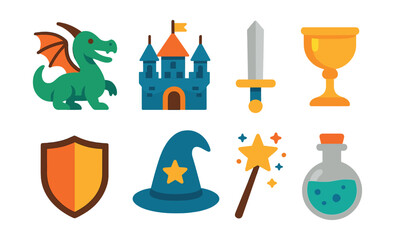 Fantasy adventure icons: dragon, castle, sword, shield, wizard hat, potion, goblet, wand. Vector icons