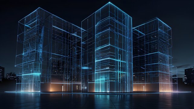 A futuristic corporate building outline made of light trails and wireframe edges, glowing softly in blue hues — ultra-clean HD illustration with transparent background.