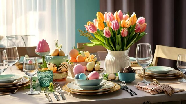 Elegant Easter Brunch Table with Pastel Eggs, Tulips, and Spring Decor in Natural Light