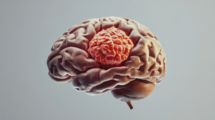 A human brain is depicted with intricate details, highlighting a tumor in the center. The setting emphasizes the brain's structure and the abnormal growth