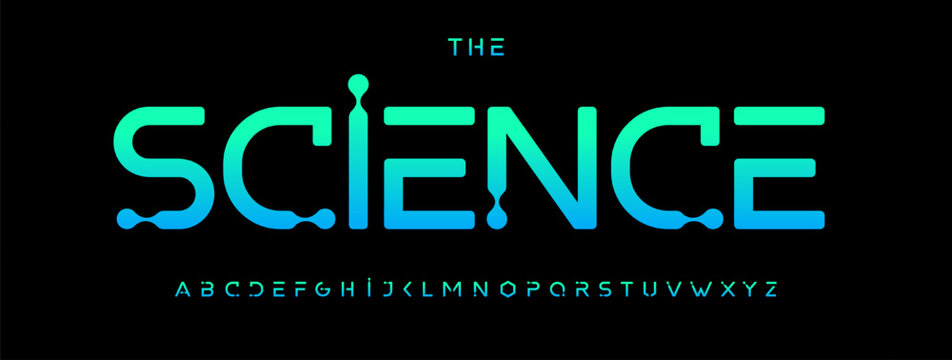 Modern Science Font with Liquid Molecule-Inspired Shapes and Blue Gradient Style on Dark Background. Ideal for Technology, Medical, or Education Projects. Vector typeset.