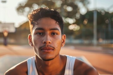 Fototapeta premium Portrait of a young Hispanic man on outdoor basketball court