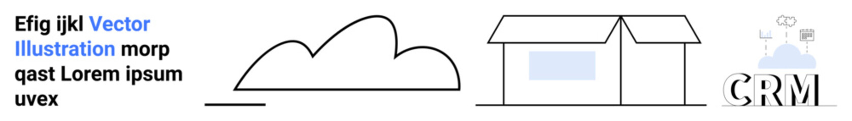 Obraz premium Cloud, house with a window, and CRM letters with connected icons representing teamwork and digital tools. Ideal for real estate, technology, business strategy, organization, data management, remote