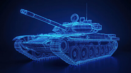 A detailed wireframe model of a tank illuminated with a blue glow stands against a dark backdrop, emphasizing its engineering and design features from various angles