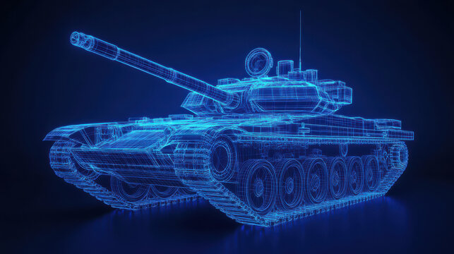 A detailed wireframe model of a tank illuminated with a blue glow stands against a dark backdrop, emphasizing its engineering and design features from various angles
