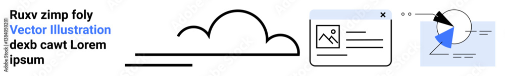 Poster stylized cloud shape, webpage preview with image tab, and segmented pie chart in analytical graph. i