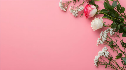 Fototapeta premium Pink Background With Roses And White Flowers