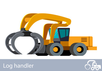 Minimalistic icon log handler front side view. Log handler high-lift vehicle for working at saw mill or lumber yard. Modern vector isolated illustration