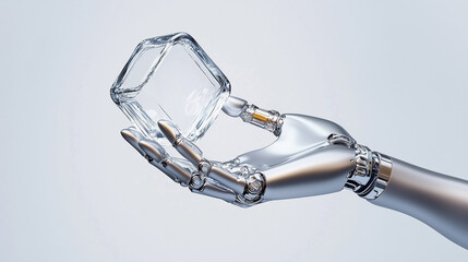 Chrome Robotic Hand Holding a Transparent Glass cube on White Background