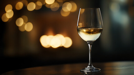 Glass of white wine by fireplace