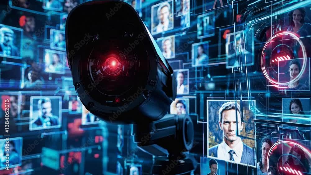 Poster advanced surveillance system with multiple digital portraits tracking human subjects through interco