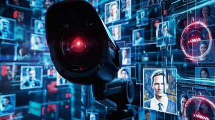 Advanced surveillance system with multiple digital portraits tracking human subjects through interconnected technological network, featuring centralized monitoring camera with red focal point