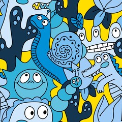 Cartoon doodle animals seamless monsters pattern for kids clothes print and wrapping paper and fabrics