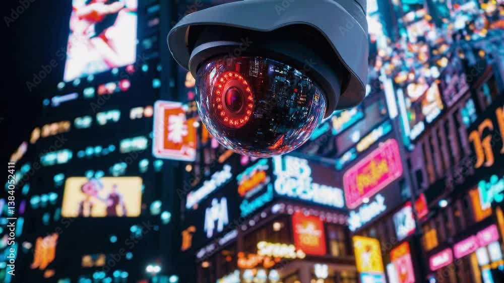 Poster high-tech surveillance dome camera positioned in vibrant urban environment with multiple digital dis