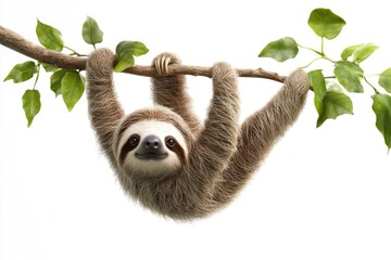 A cute sloth hangs upside down from a tree branch, showcasing its adorable face and fluffy fur.