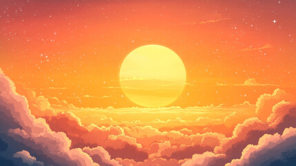 Sky anime sunset background with cartoon clouds and setting sun vector landscape. Summer evening cloudy sky dramatic scene with orange sunlight, stars, white clouds. Anime sunset or twilight panorama