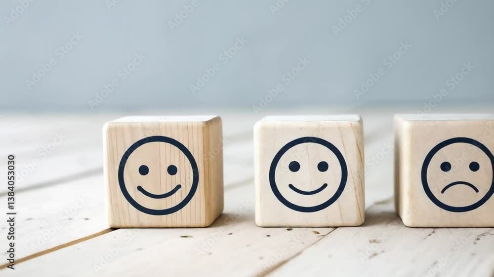 Aufkleber a close up of four wooden blocks with different face emotions on them on a wooden surface top view