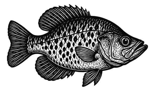 Detailed Black and White Engraved Illustration of crappie Fish with Scales and Fins Viewed from Side