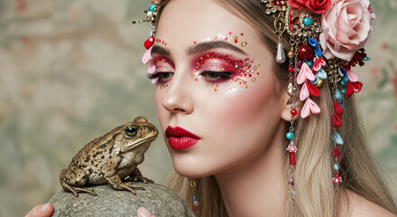 In a classic fairy tale, a princess kisses a frog, which magically transforms into a handsome prince.