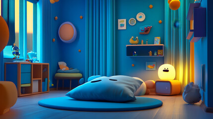 Mockup pillow in the children's room on blue colors wall background.3D Rendering