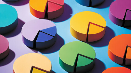 Strategy of diversified investment.  Investor managing portfolio. Pie chart and candlestick charts. 