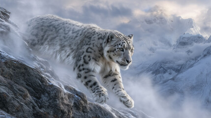 Fototapeta premium Snow leopard moving stealthily across rocky slope in high-altitude Himalayan mountain range surrounded by mist and snow