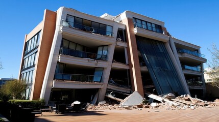 Earthquake causing severe damage to modern office building